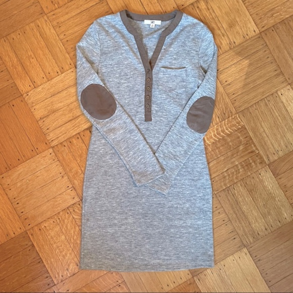 Anthropologie Gray Knit Henley Dress with Brown Elbow Patches